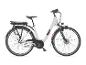 Witte elektrische fiets met bagagedrager en accu, zijaanzicht.