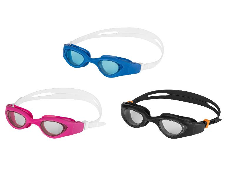 Zwembrillen in drie kleuren: blauw, roze en zwart.