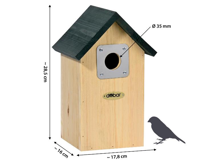 Houten vogelhuisje met groen dak en afmetingen, vogelsilhouet.