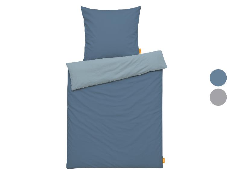 Tweekleurig omkeerbaar dekbedovertrekset, blauw en lichtgrijs.