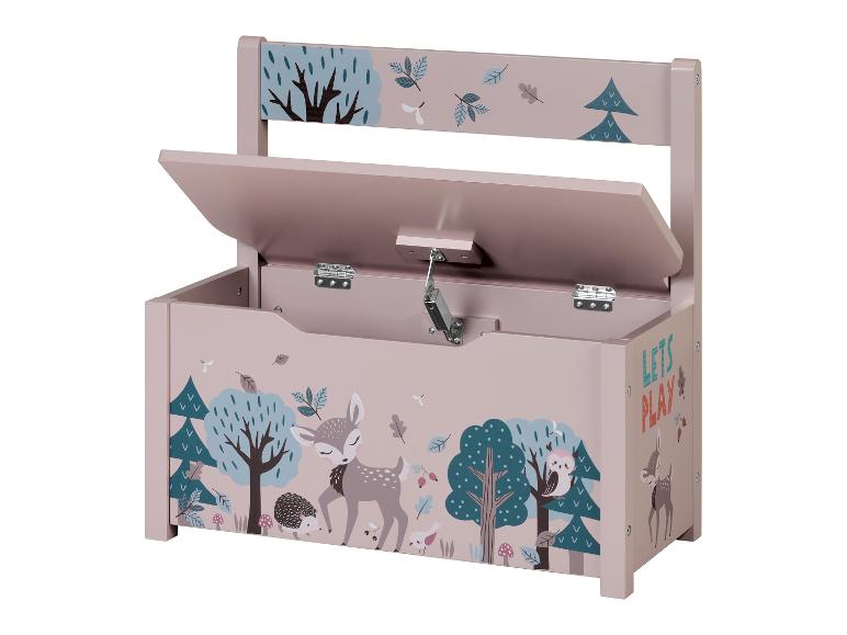 Roze speelgoedkist met bos- en hertenprint.