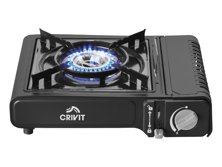 Zwart draagbaar gasfornuis met blauwe vlam en bedieningselementen.