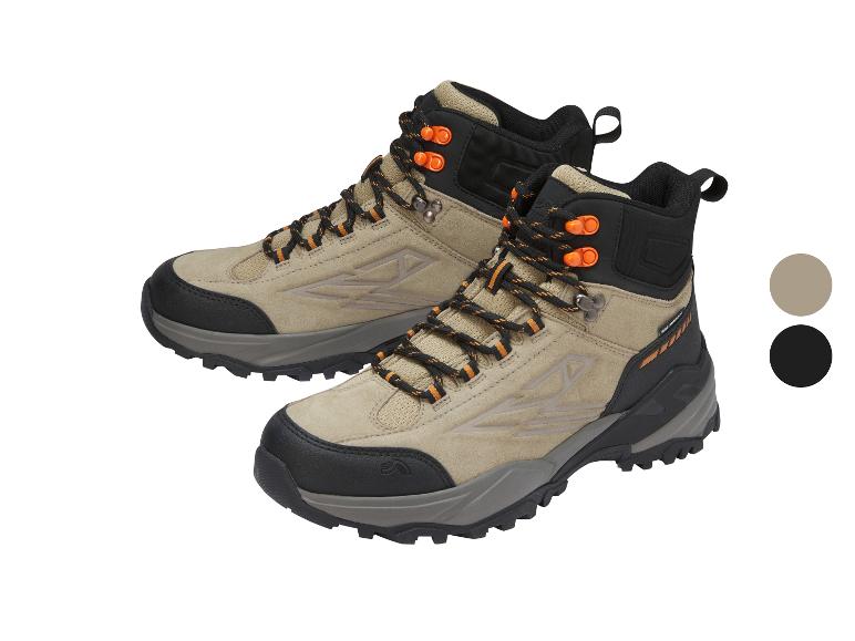 Beige en zwarte wandelschoenen met oranje veters, met kleurstalen.