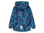Blauwe softshell jas met camouflageprint en capuchon voor kinderen.