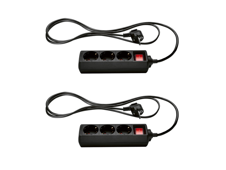 Twee zwarte stekkerdozen met vier stopcontacten en een aan/uit-schakelaar.