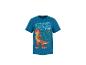 Blauw T-shirt met oranje dinosaurus en klein figuur, tekst 'STOMP AROUND'.