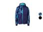 Kinder softshell jas in blauw en paars camouflageprint met capuchon en ritssluiting
