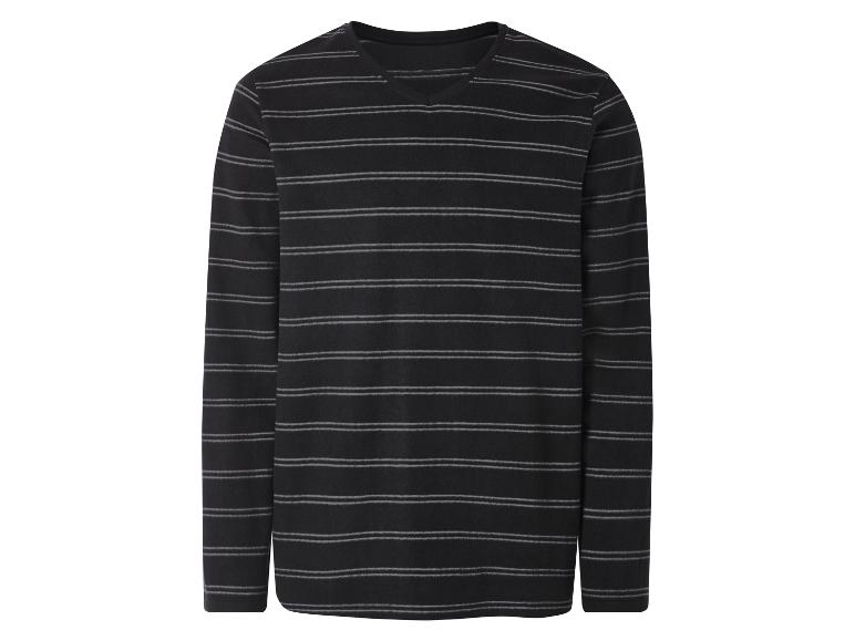 Zwart shirt met lange mouwen, V-hals en horizontale grijze strepen.