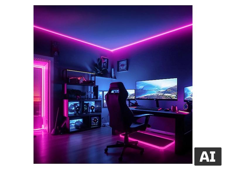Gamingkamer met neon roze en blauwe lichten, een gamingstoel en meerdere monitoren.