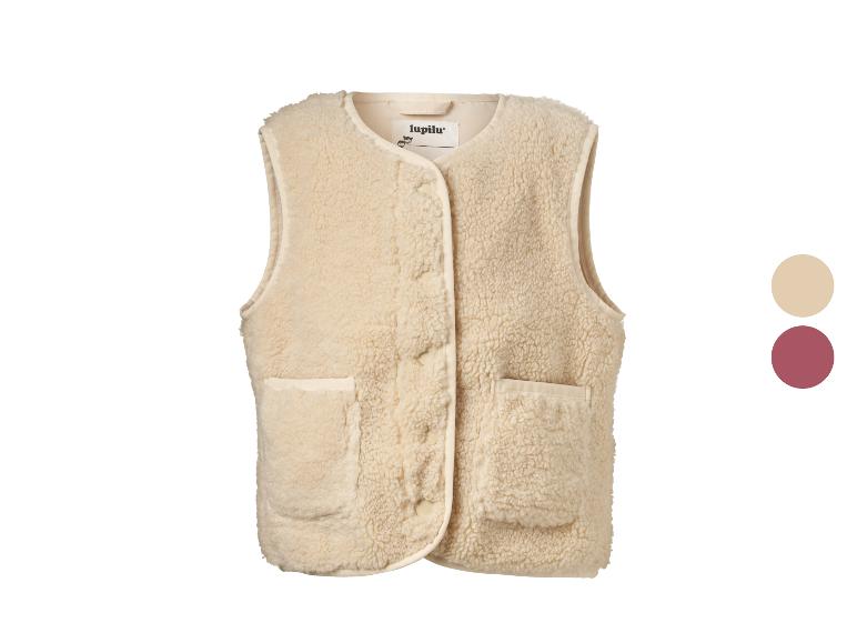 Beige kinderfleecevest met knopen en zakken, met twee kleuropties.
