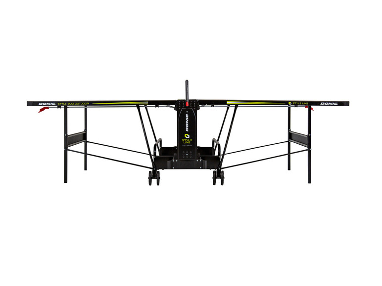 Een zwarte Donic Style 800 Outdoor tafeltennistafel met wielen.