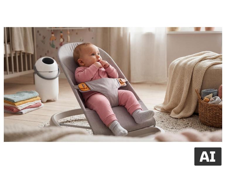 Baby in een wipstoeltje in de babykamer naast de LUPILU® luieremmer. [AI-gegenereerde afbeelding]