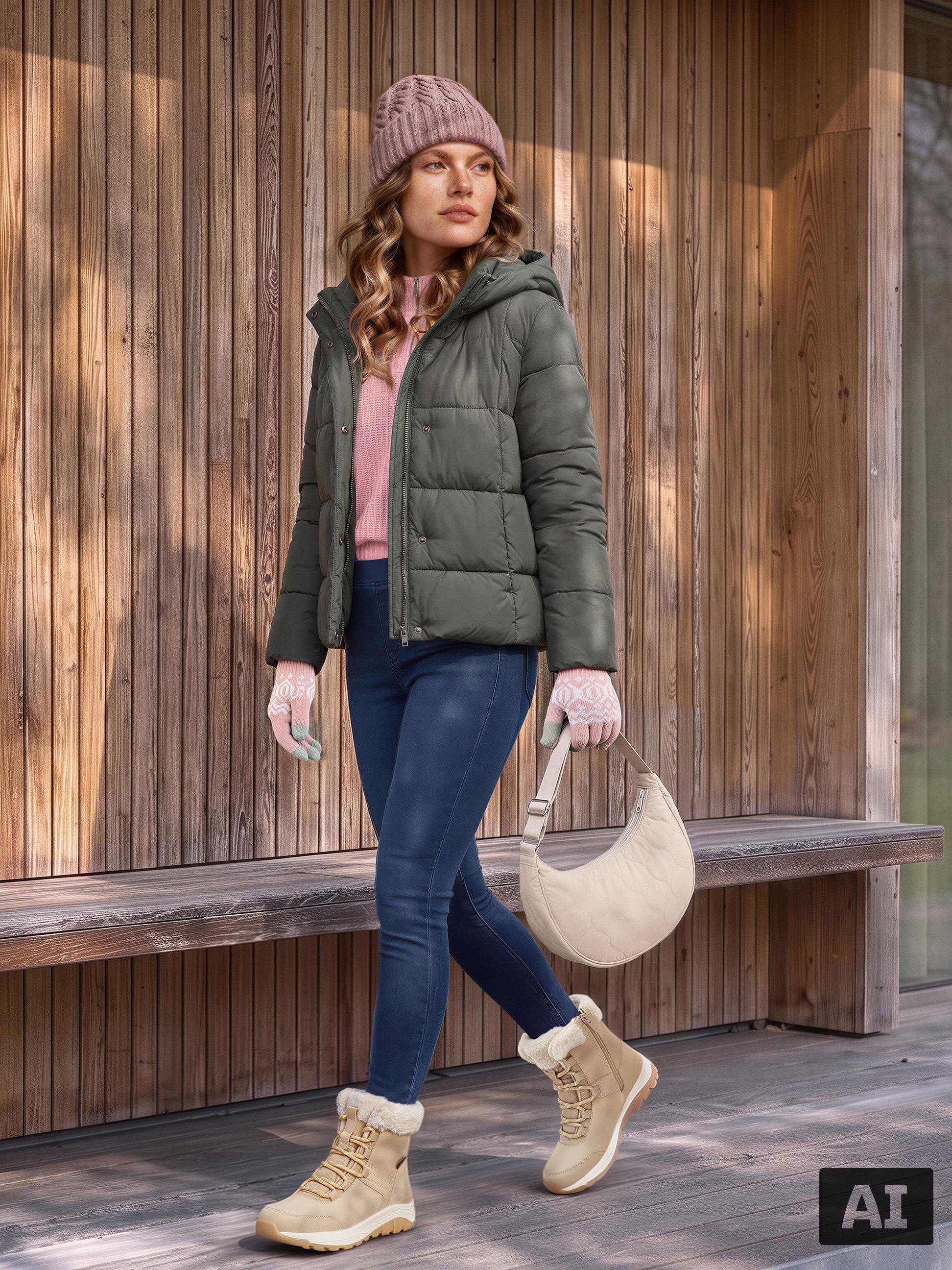 Vrouw in winterkleding met jas, jeans, laarzen, muts en tas voor een houten wand.