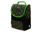 Zwarte schooltas met videogamekarakterprint en groene details.