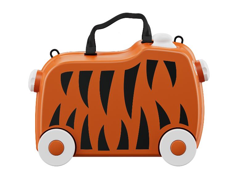 Een oranje koffer met tijgerprint op wielen voor kinderen.