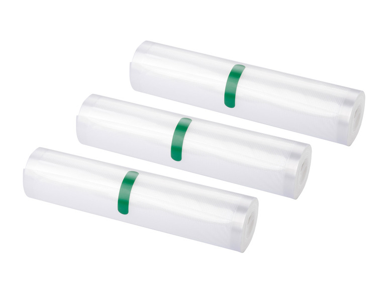 Drie rollen vacuümverpakkingsfolie voor het bewaren van voedsel.