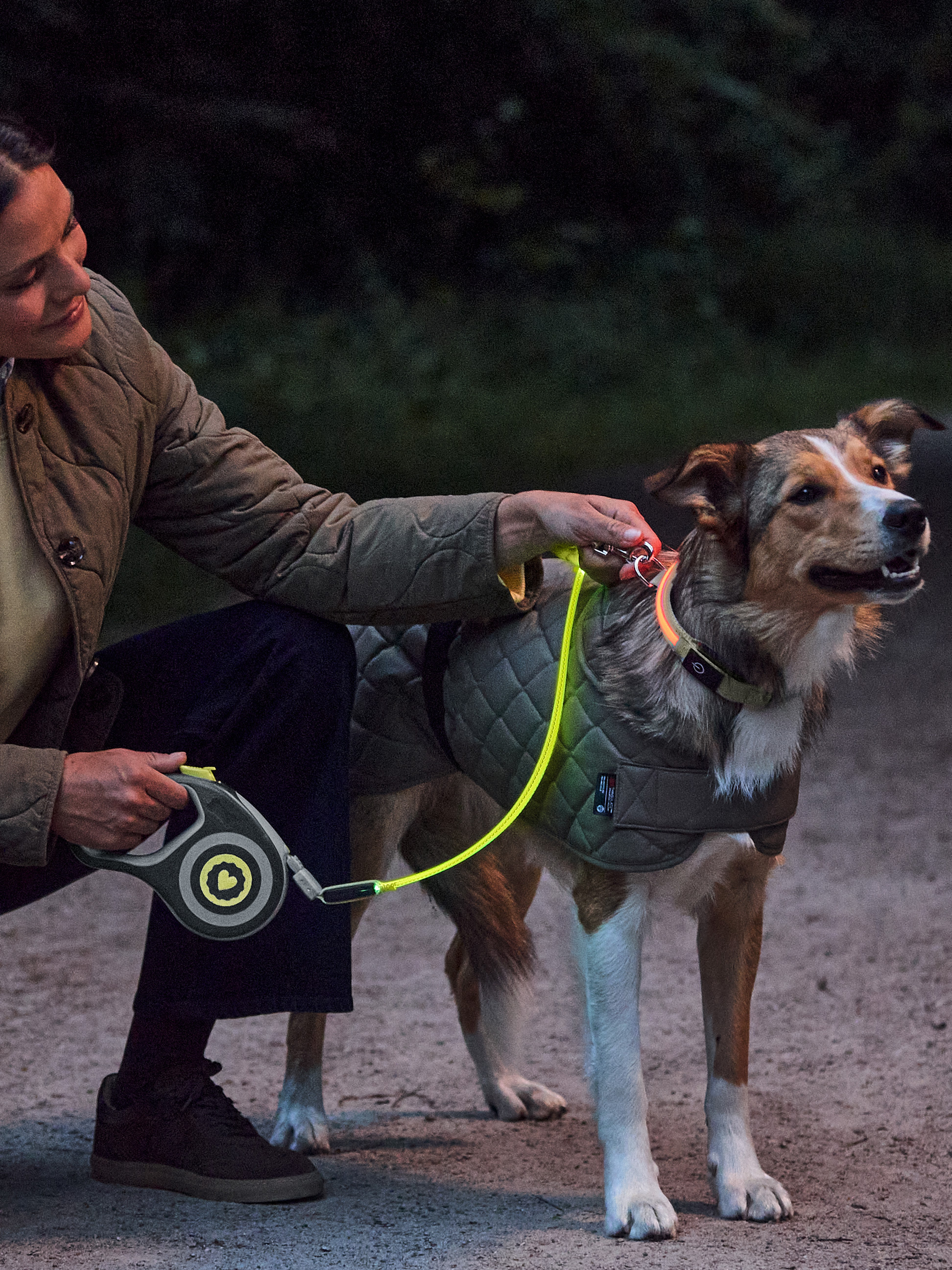 Vrouw met hond in reflecterende hondenjas, halsband en riem 's nachts.