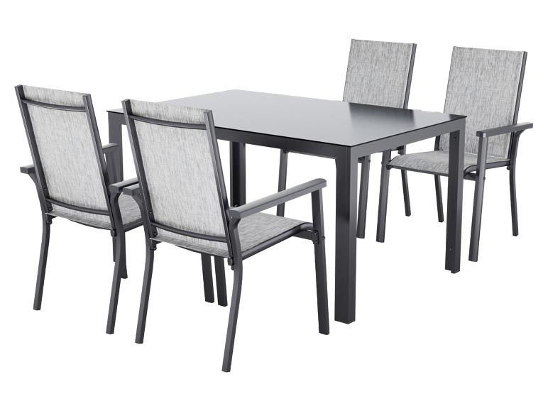 Tuinmeubelset met grijze tafel en vier stoffen stoelen