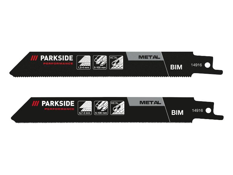 Twee zwarte reciprozaagbladen voor metaalbewerking, met verschillende diktebereiken