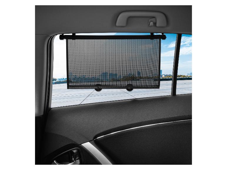 Zonneklep voor auto, zwart, oprolbaar en makkelijk te installeren.