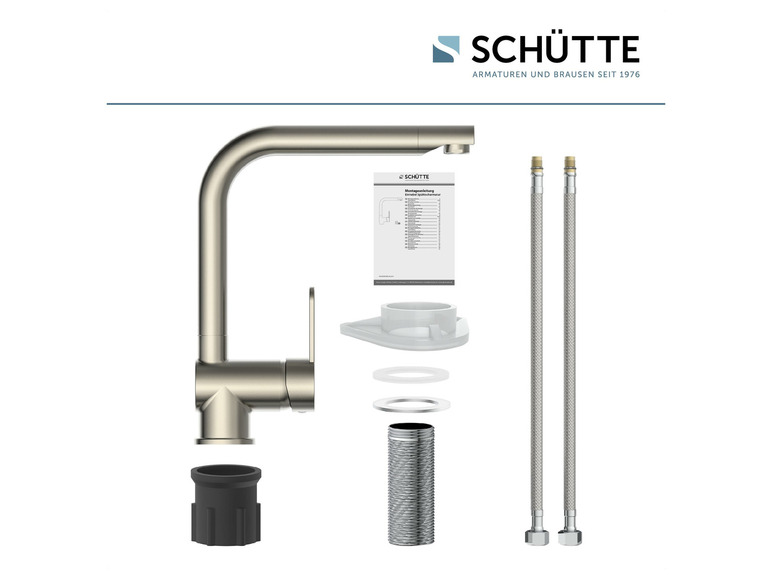 Een keukenkraan van Schütte met installatie-instructies en toebehoren