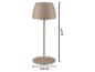 Draadloze tafellamp in beige met afmetingen: hoogte 20cm, basisdiameter 8cm.