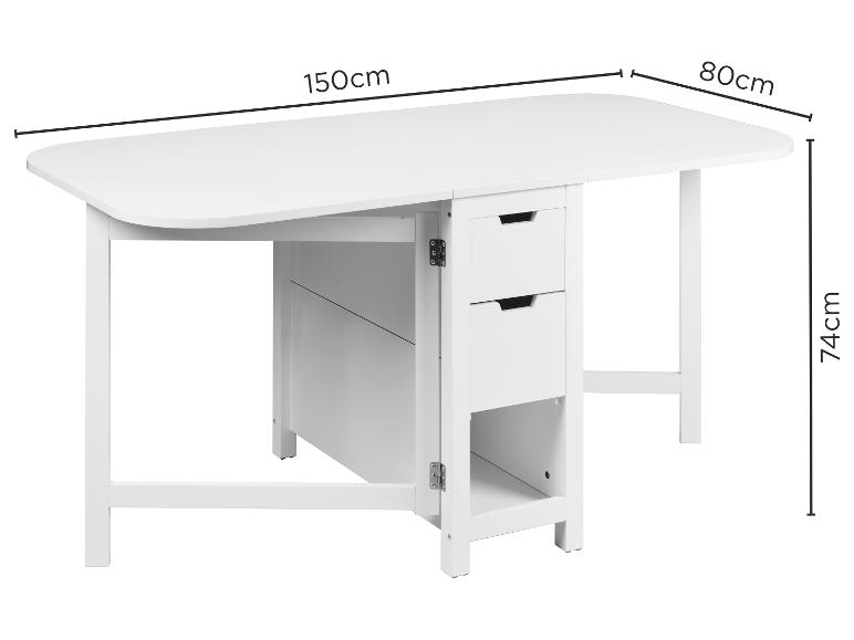 Witte opklapbare eettafel met lades, 150x80x74cm.