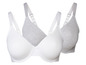 Twee witte en grijze bh's met brede bandjes.
