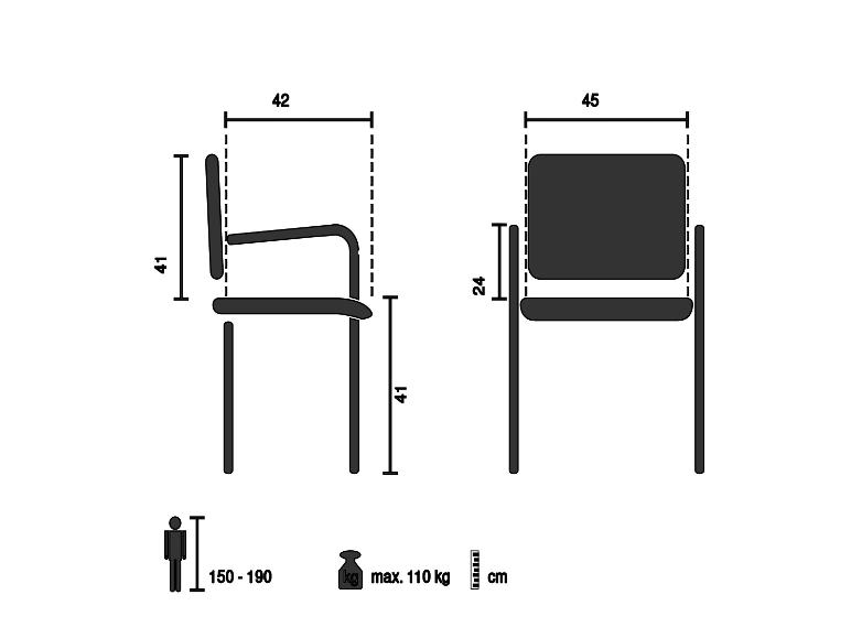 Afmetingen bureaustoel: zithoogte 41 cm, breedte 42 cm, diepte 45 cm.
