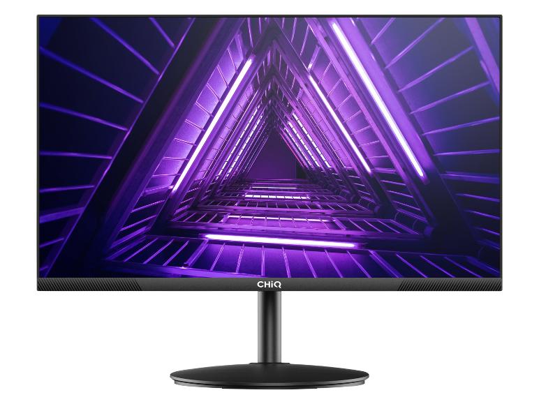 Zwarte computermonitor met een abstracte afbeelding van paarse lichten op het scherm.