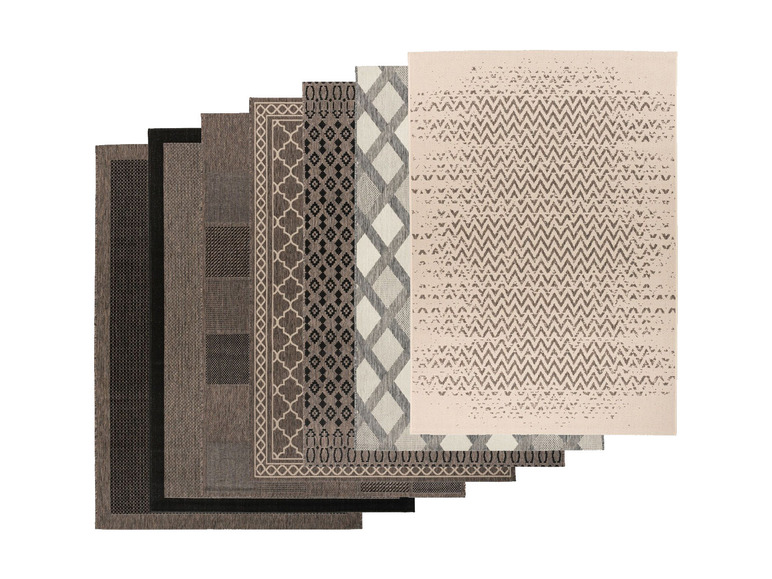 Een assortiment aan moderne vloerbedekking met verschillende geometrische patronen.