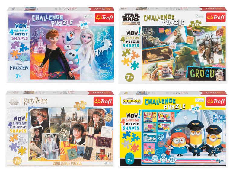 Vier Trefl puzzels met Frozen, Star Wars Mandalorian, Harry Potter en Minions.