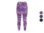 Paarse sportlegging met abstract patroon en effen kleuropties.