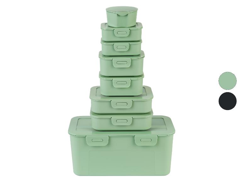 Een set van groene, vierkante, plastic opbergdozen.