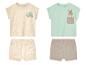 Twee babysetjes: t-shirt en short, surf- en kangoeroemotieven.