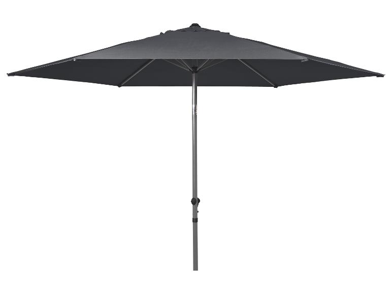 Donkergrijze parasol met een zilverkleurige paal, vooraanzicht op witte achtergrond.