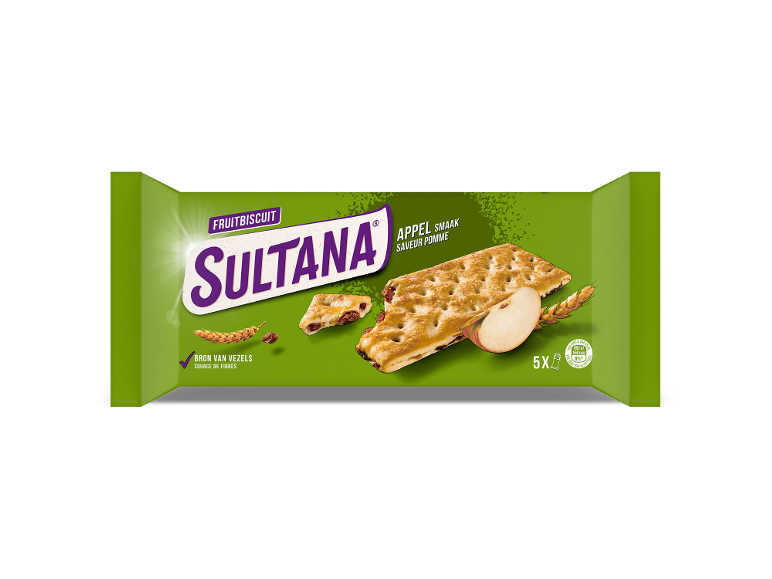 Fruitbiscuits met appelsmaak in een groene verpakking