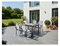 Tuinset met tafel en vier stoelen op een terras.