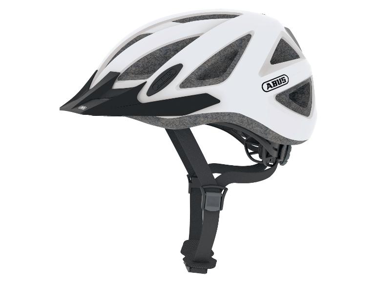 Witte fietshelm met zwarte klep en bandjes