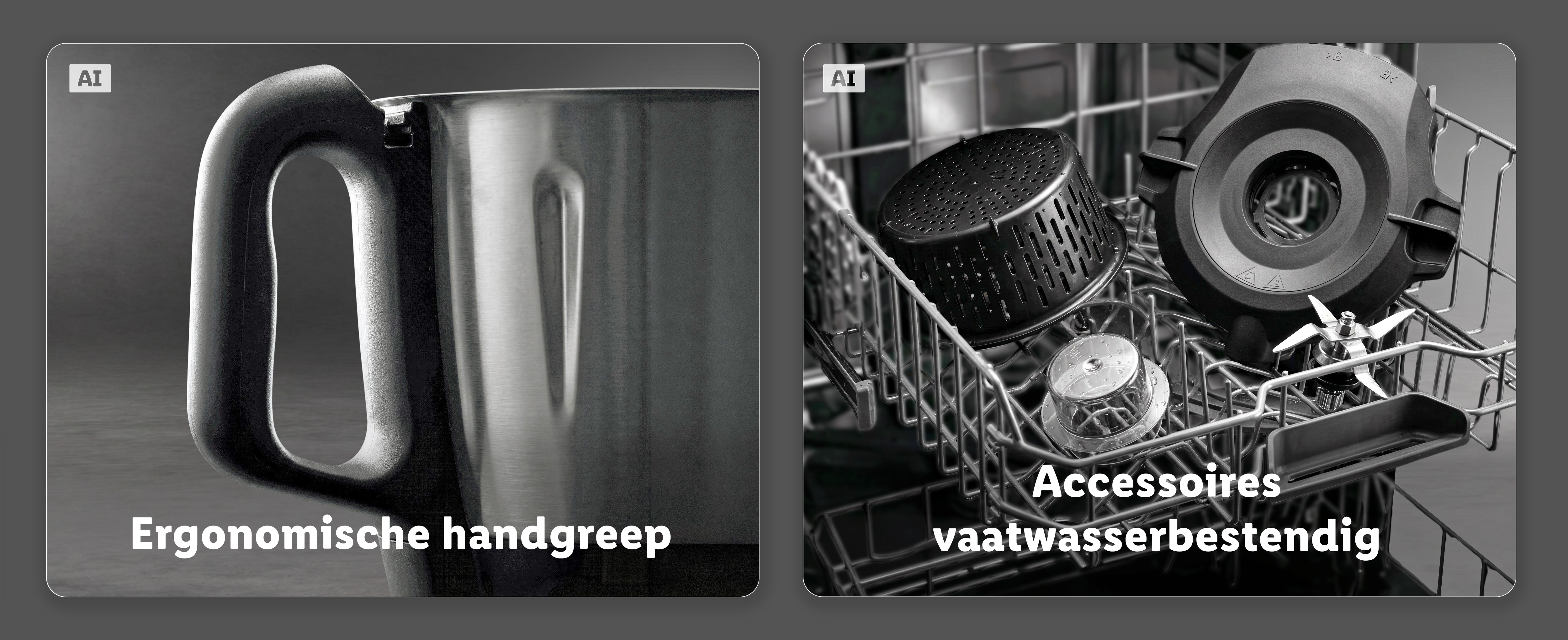 Een rijke selectie van verse ingrediënten zoals tomaten, kruiden, eieren en groenten op een keukenwerkblad, omgeven door kant-en-klare gerechten zoals salade and brood, met de Monsieur Cuisine compact op de achtergrond. (Met AI-watermerk)