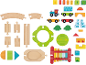 Houten speelgoedset met treinrails, trein, blokken en xylofoon.