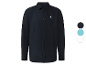Een donkerblauw overhemd met lange mouwen en een klein logo.