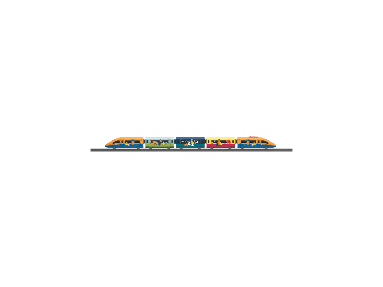 Kleurrijke speelgoedtrein met dieren- en slaapmotieven op de wagons.