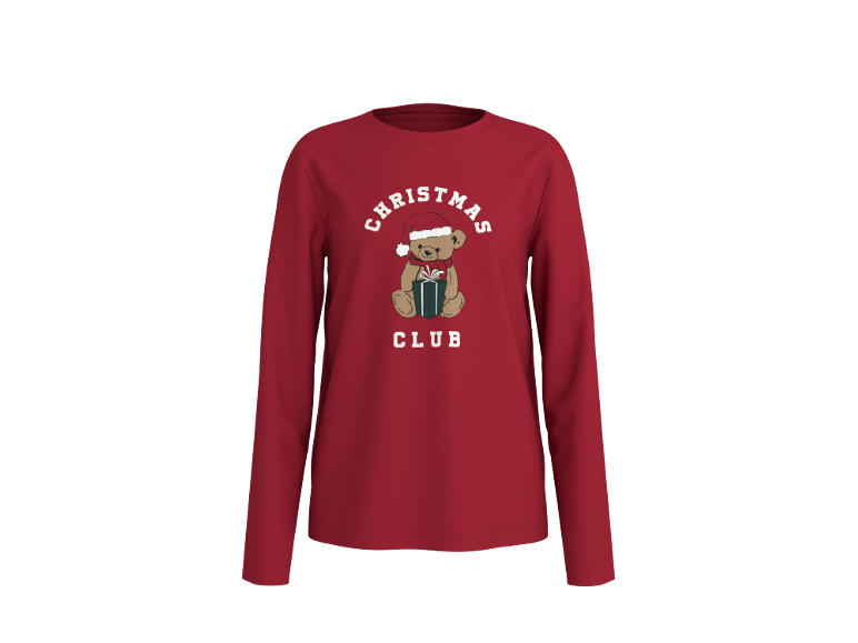 Rood shirt met lange mouwen, kerstbeeropdruk en de tekst Christmas Club