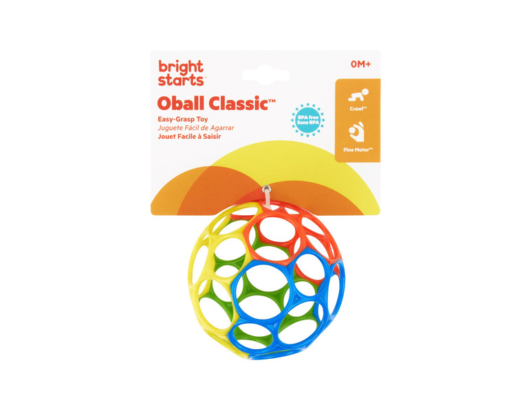 Een gele, blauwe, groene en oranje Oball Classic™ bal voor baby's.