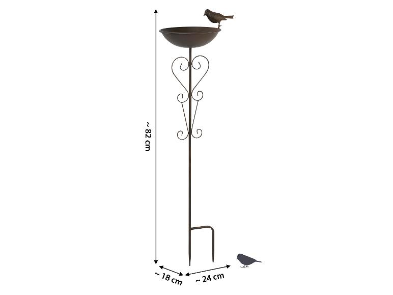 Decoratief vogelbad of drinkbak met vogelbeeldje en afmetingen 82 cm hoog, 18 cm en 24 cm breed.