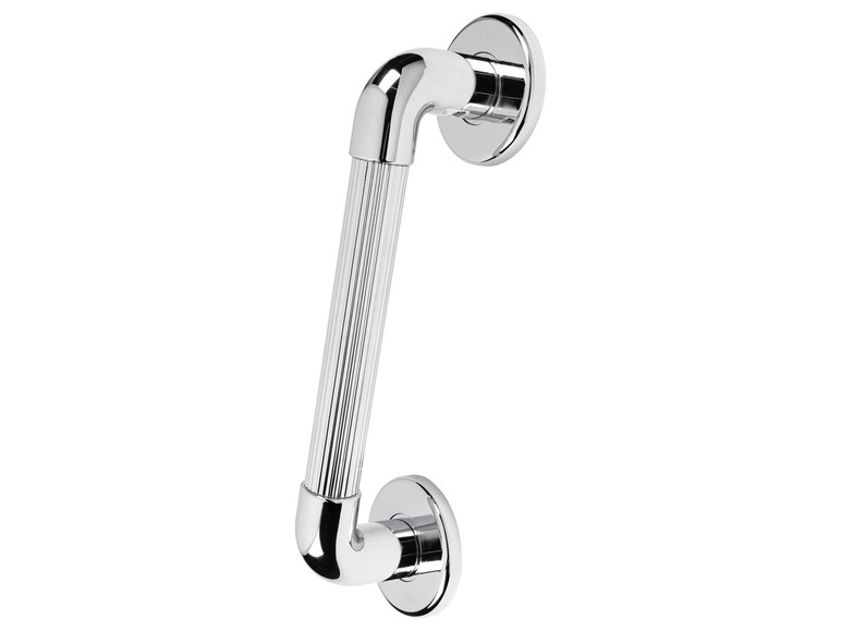 Een chromen deurgreep met een gestreept ontwerp.