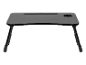 Zwarte opklapbare laptoptafel met bekerhouder.