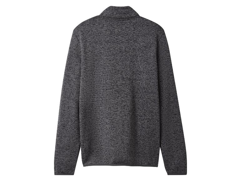 Donkergrijze gemêleerde fleecejas met rits, achteraanzicht.