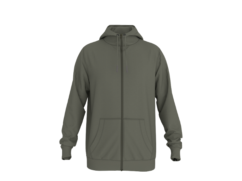 Een groene hoodie met rits en zakken.
